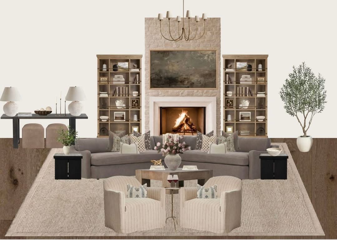Limestone fireplace living room design concept